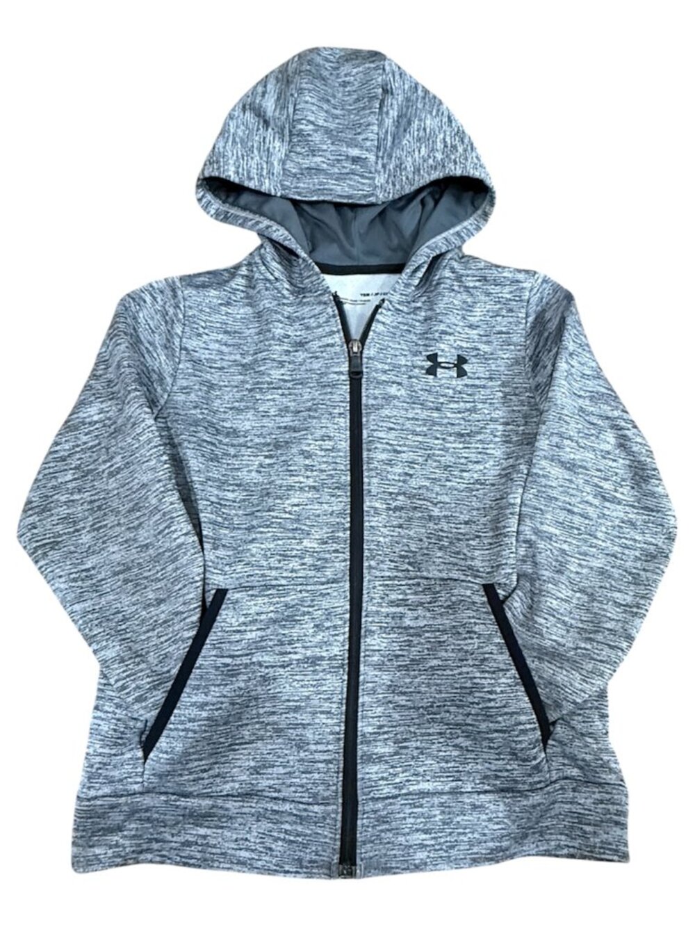 Under Armour youth full-zip hooded jacket in a gray heather performance fabric.